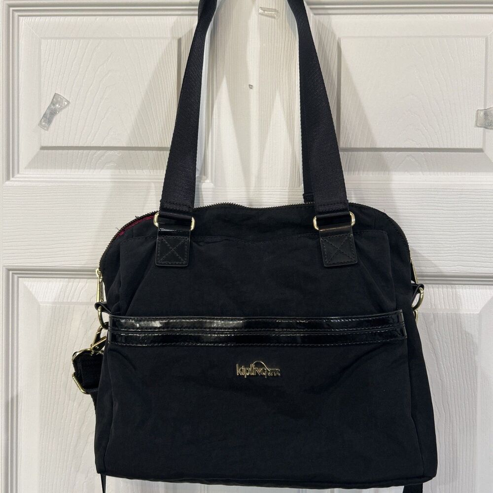 Kipling Black Nylon Handbag Crossbody Shoulder Bag Purse Satchel Pink Lining